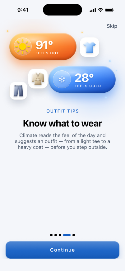 Climate light-mode onboarding illustration for weather-aware outfit tips
